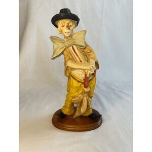 Ceramic Hobo Clown Figurine with Umbrella & Bow, Wooden Base, 12 Inches
